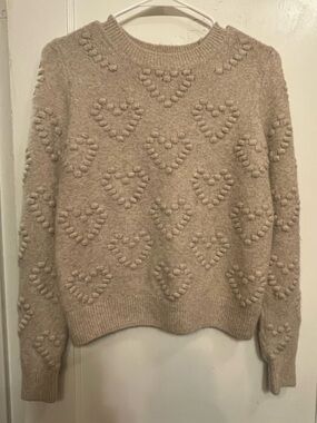 H&M Oatmeal Beige Bobble Knit Popcorn Heart Crewneck Sweater - Size XS
